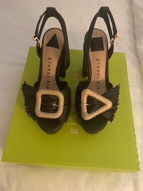 Gianni Bini Black Raffia Block Heel Sandals with Gold Buckles